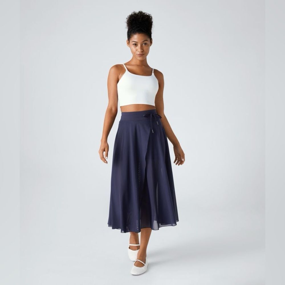 Halara Blue High Waist Flowy Midi Flare Casual Skirt w shorts L NWT *flaw*